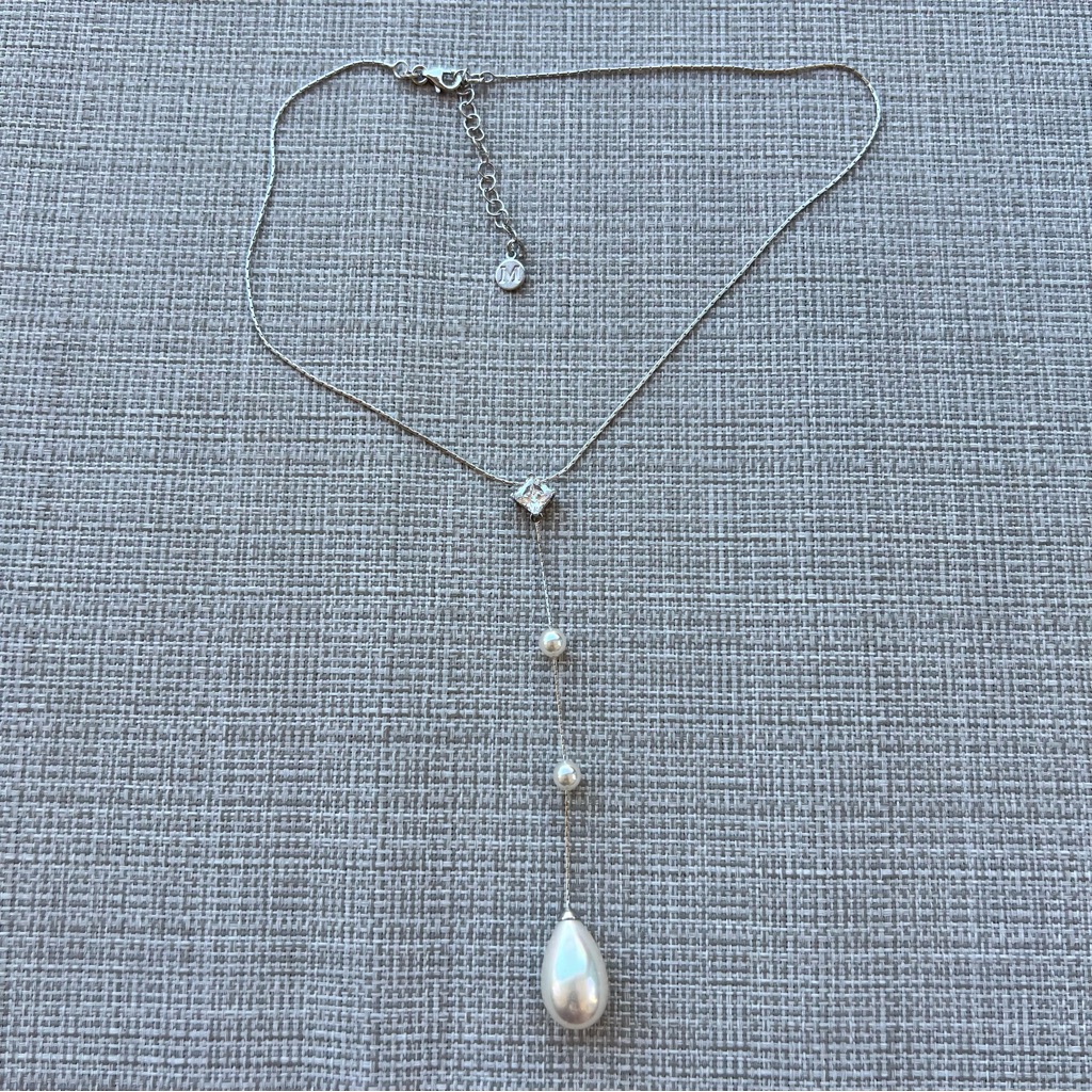 Majorica Sterling Silver 14” Necklace With 4” Drop Pendant Cz Teardrop Pearl